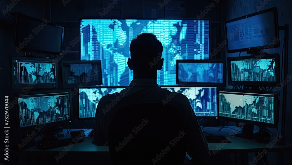 Aufkleber high tech environment focused man works diligently in front of multiple computer screens epitomizing