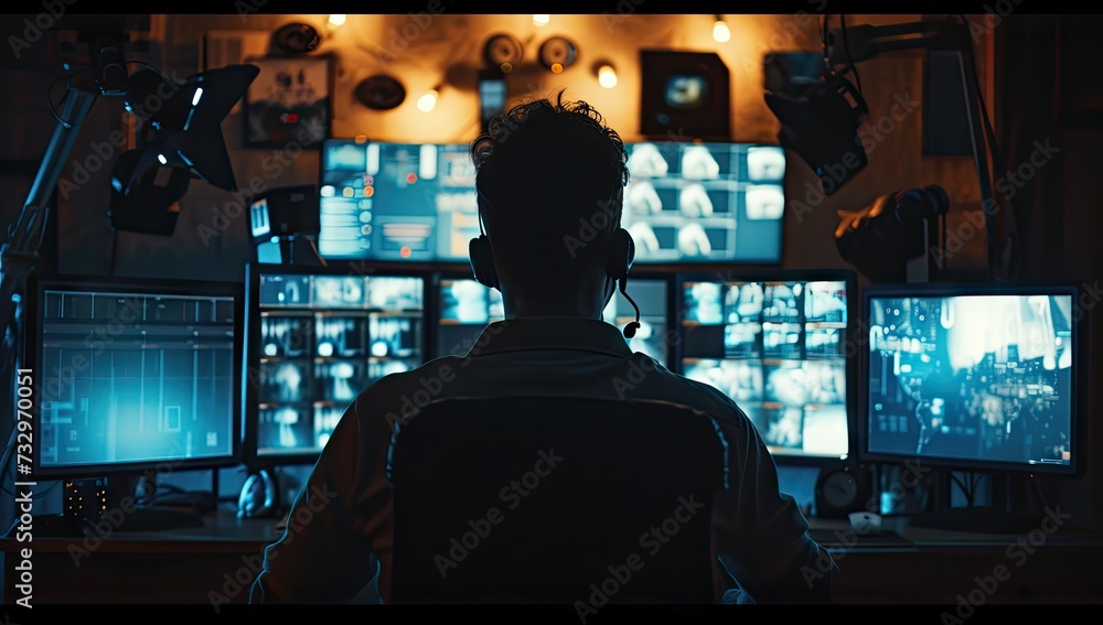 Aufkleber high tech environment focused man works diligently in front of multiple computer screens epitomizing