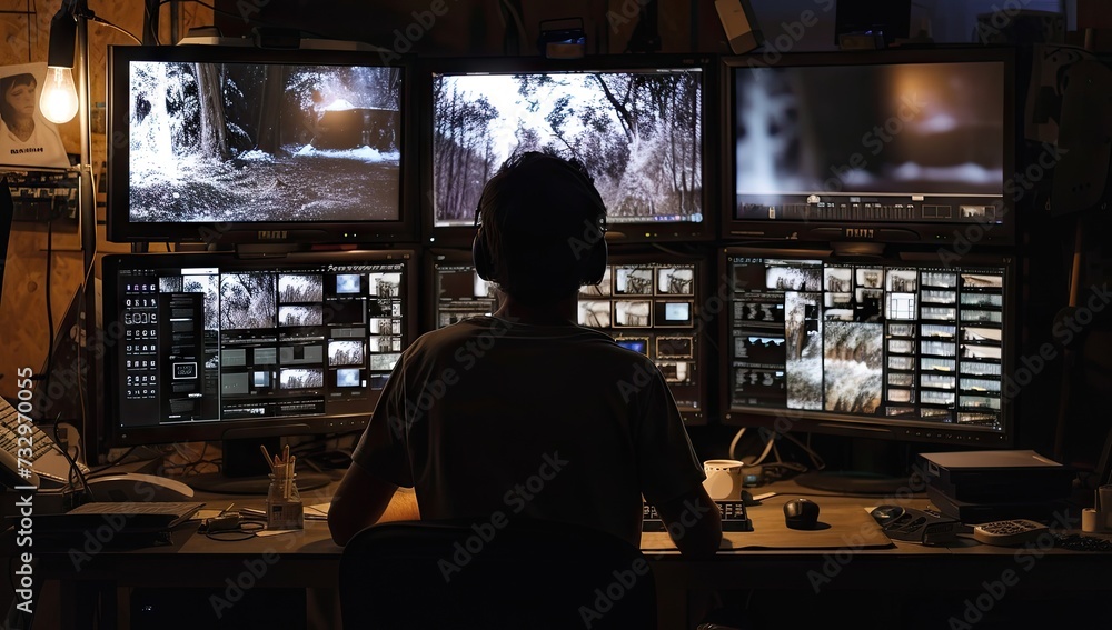Poster high tech environment focused man works diligently in front of multiple computer screens epitomizing