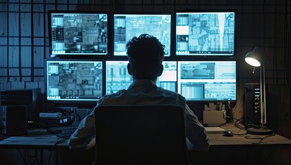 High tech environment focused man works diligently in front of multiple computer screens epitomizing modern nexus of technology and surveillance scene captures intensity and monitoring systems