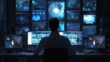 High tech environment focused man works diligently in front of multiple computer screens epitomizing modern nexus of technology and surveillance scene captures intensity and monitoring systems - obrazy, fototapety, plakaty