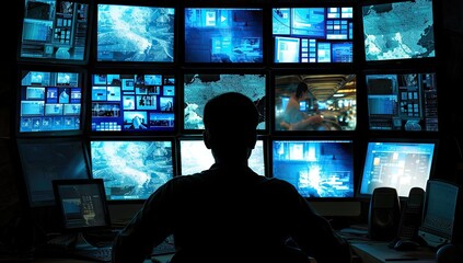 High tech environment focused man works diligently in front of multiple computer screens epitomizing modern nexus of technology and surveillance scene captures intensity and monitoring systems