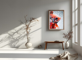 The room decorated in a minimalist style with picture frames and paintings is breathtaking.