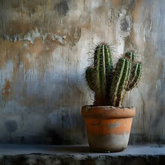 a cactus in a clay pot on a ledge