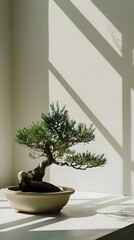 a bonsai tree in a white bowl on a table