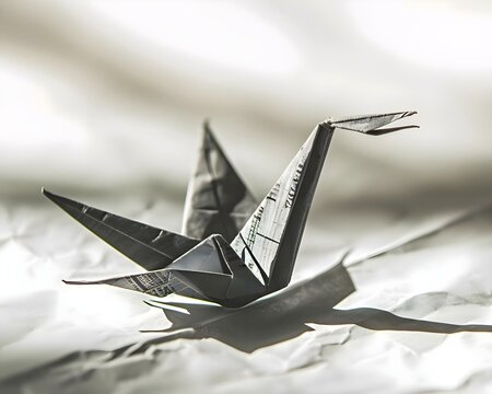 a black and white photo of an origami bird