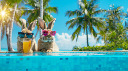 Cute Easter bunnies on tropical vacation wearing sunglasses next to swimming pool under palm trees - 732970601
