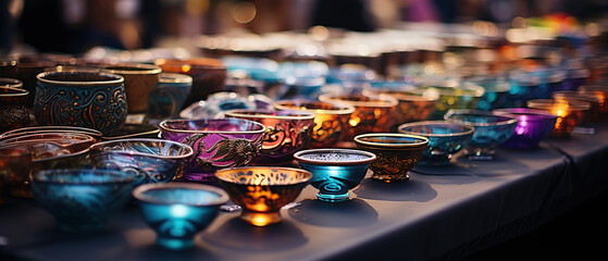 a many different colored glass bowls on a table