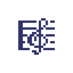 Musical score, emoji. Treble clef, note, pixel art style icon element design for logo mobile app, web, sticker. Isolated 80s abstract vector illustration. 1-bit sprite. 