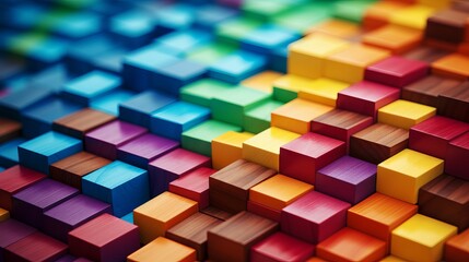 Colorful wooden blocks stacked in a gradient pattern. Conceptual image of creativity, diversity, growth, and progress.