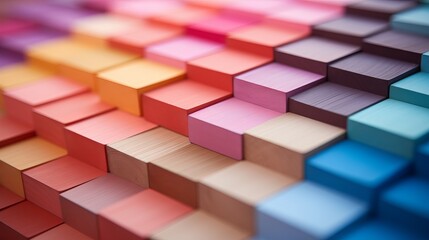 Colorful wooden blocks stacked in a gradient pattern. Conceptual image of creativity, diversity, growth, and progress.