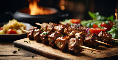 Grilled meat skewers, shish kebab with vegetables