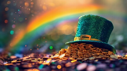 Whimsical leprechaun hat resting on a pile of shiny gold coins. Blurred background with vibrant rainbow. Wide-format St. Patrick's Day banner. AI Generated