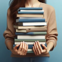 Woman's hands holding a pile of books over a light blue background