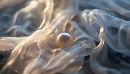 a white pearl sitting on top of a sheer cloth - obrazy, fototapety, plakaty