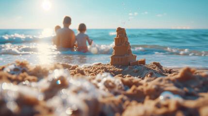 Fototapeta na wymiar A happy family having fun on the beach in summer