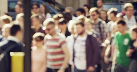 Population, street and blur of people in city for commute, travelling and walking in urban town. Crowd, group and men and women on pavement, sidewalk and cross road for journey, moving and commuting