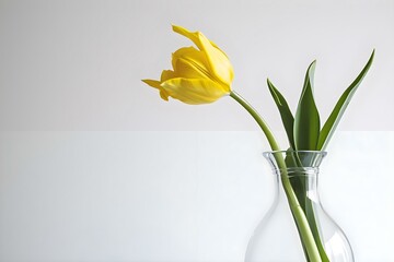 two yellow flowers in a clear vase on a table
