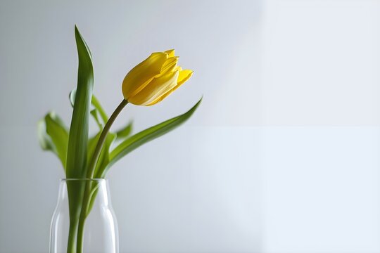 a single yellow tulip in a clear vase