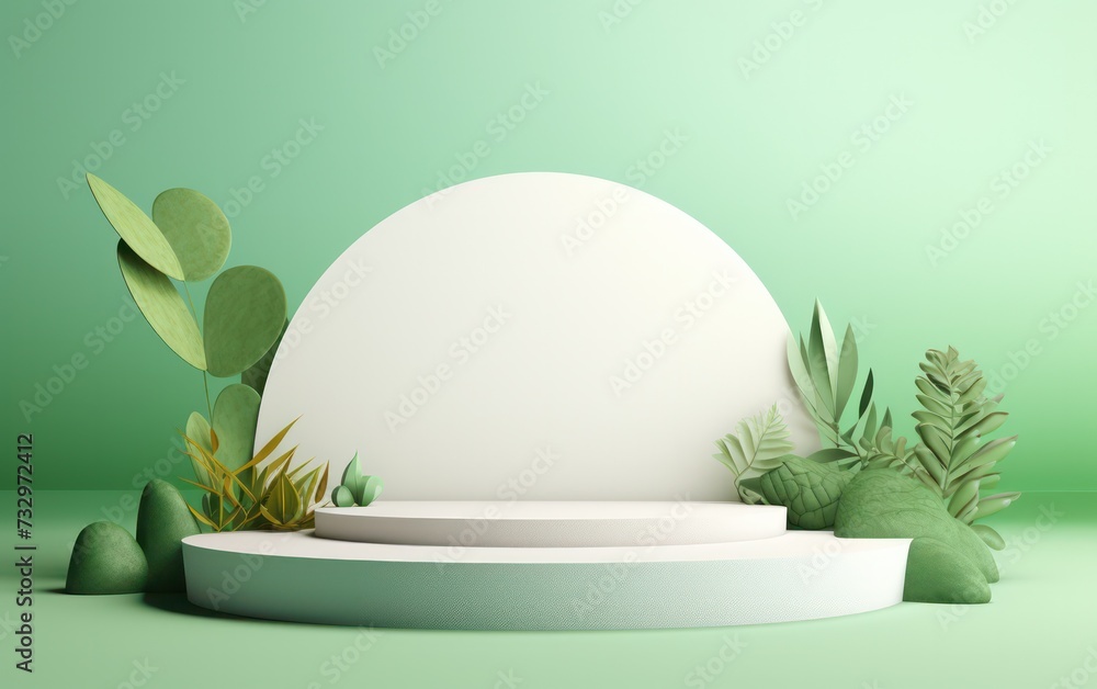 Wall mural Minimalist product display podium surrounded by vibrant tropical leaves on a soft green background.