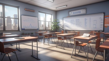 A modern classroom layout with collaborative group seating and whiteboard walls
