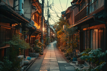 Traditional Japanese street in twilight. Cultural architecture and travel.