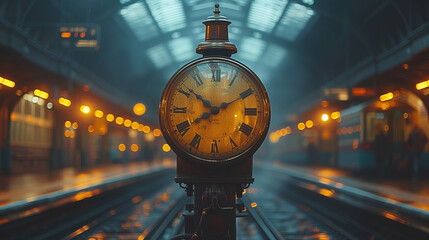 Clock in railway station. - obrazy, fototapety, plakaty