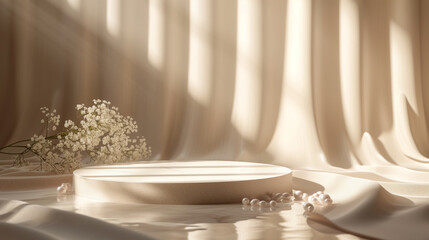 white glod podium on pastel silk background with pearls and flowers. Luxury podium for product, cosmetic presentation.