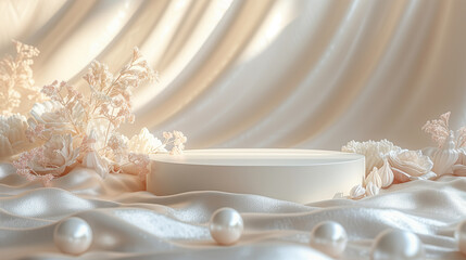 white glod podium on pastel silk background with pearls and flowers. Luxury podium for product, cosmetic presentation.
