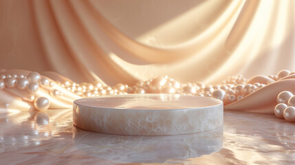 rose glod marble podium on pastel silk background with pearls. Luxury podium for product, cosmetic presentation.