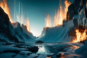 A High-Definition Image Encompassing the Captivating Fusion of Fire and Ice, Converging in a Dazzling Display of Vivid Hues and Stark Contrasts, Evoking a Mesmerizing Tapestry of Natural Beauty and Tr