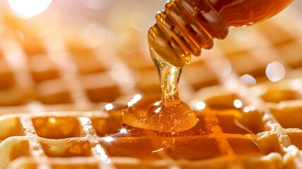 
Belgian waffles with honey pouring from a bottle of maple syrup