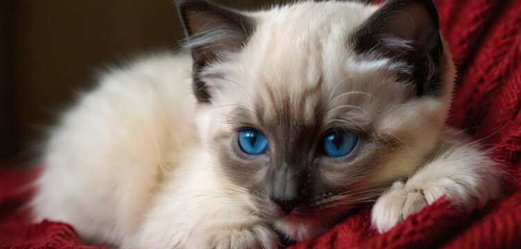 a close up of a cat laying on a blanket with a blue eyed cat in the middle of the picture.