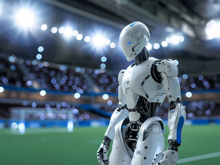AI-Generated image of a robot on a soccer field illuminated by stadium lights - obrazy, fototapety, plakaty