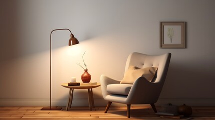 A minimalist reading nook with a cozy armchair, floor lamp, and a small side table