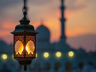 arabic lantern with candle with mosque as background, after sunset or in blue hour