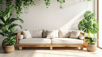 Close-up bright living room wooden white soft sofa near windows sunlight and indoor monstera and vines plant with white wall and wooden floor. Scandinavian living room interior design