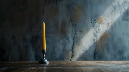 a yellow candle sitting on top of a wooden table