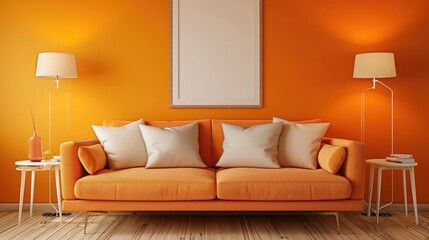 Close-up living room indoor orange sofa with beige pillows near table lamps with blank poster frame, the orange wall in modern interior background