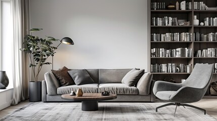 Bright living room interior with grey sofa and soft armchair with coffee table in carpet and bookshelves cupboard, white wall. Concept of Scandinavian minimalist design