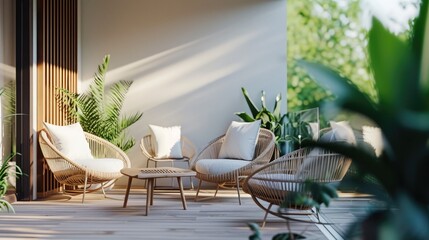 Patio Room with rattan wicker armchairs cushions and pillows with potted plants and coffee table. Modern Terrace interior for relaxing