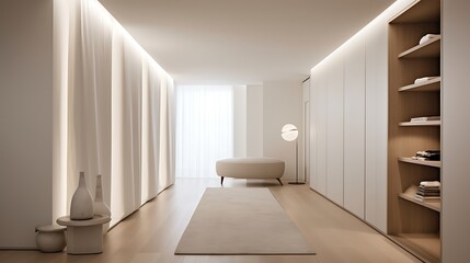 A minimalist hallway with hidden storage solutions and statement lighting fixtures