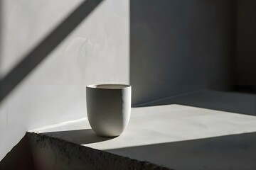 a white cup is sitting on a ledge