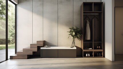 A minimalist entryway with a sleek shoe cabinet hidden within the wall - obrazy, fototapety, plakaty