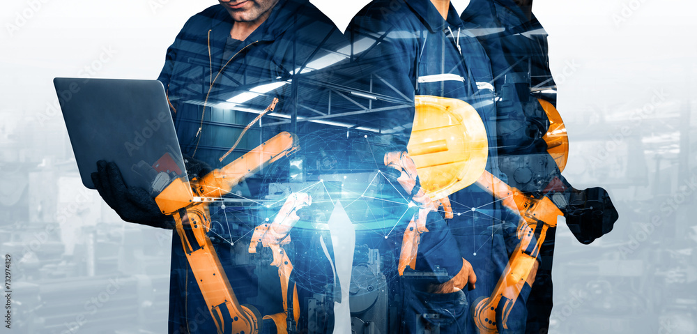 Aufkleber xai mechanized industry robot arm and factory worker double exposure. concept of robotics technology