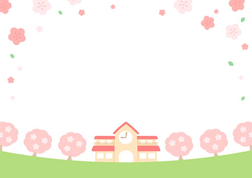 桜が咲く春の幼稚園のベクターイラストのセット。入園式のイメージのイラスト。