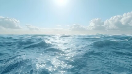 Calm ocean waves gently roll under a sunlit sky with scattered clouds, conveying a sense of tranquility and vastness.