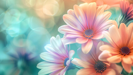 A cluster of vibrant daisy flowers in full bloom, set against a dreamy and soft bokeh background in pastel colors.