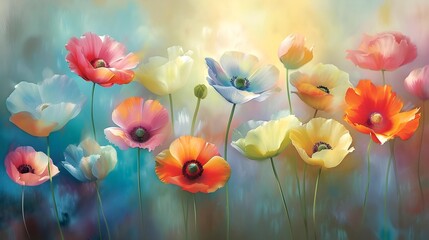A vivid collection of poppies in a range of colors presents a dreamlike display, their delicate petals translucent against a luminous backdrop.