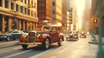 Papier Peint photo Lavable Voitures anciennes A classic vintage car adds a touch of elegance as it cruises down a city street bathed in the warm, golden glow of the sun.